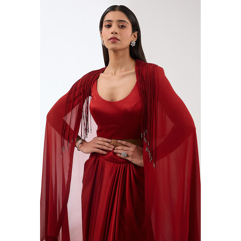 Anjali Kanwar Red Solid/Plain Cape with Bustier and Skirt (Set of 3)