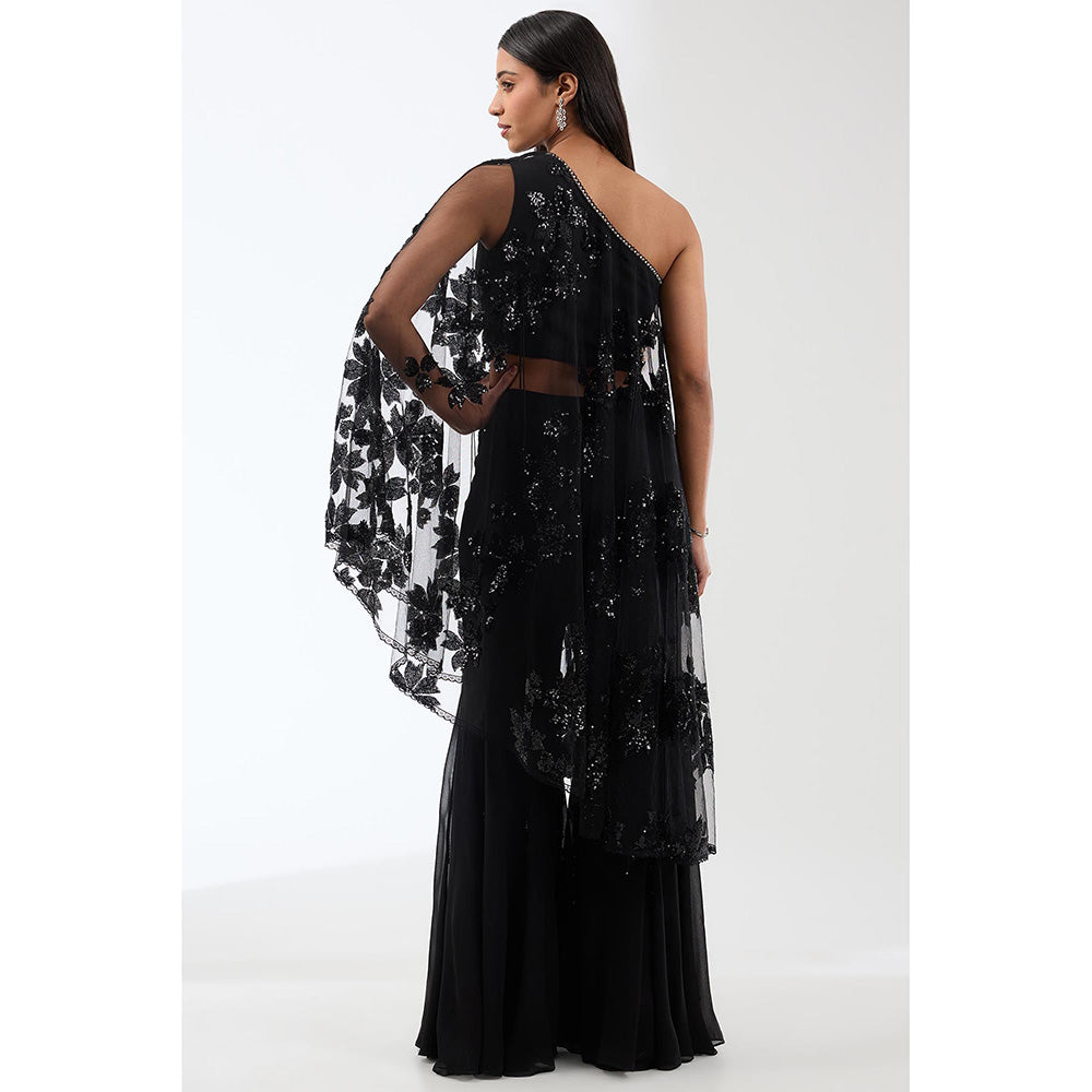 Anjali Kanwar Black Embellished/Sequined Cape Top with Flared Pant (Set of 2)