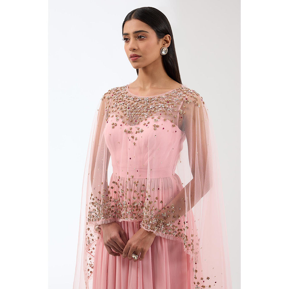 Anjali Kanwar Pink Embellished/Sequined Anarkali with Attached Cape and Churidar (Set of 2)