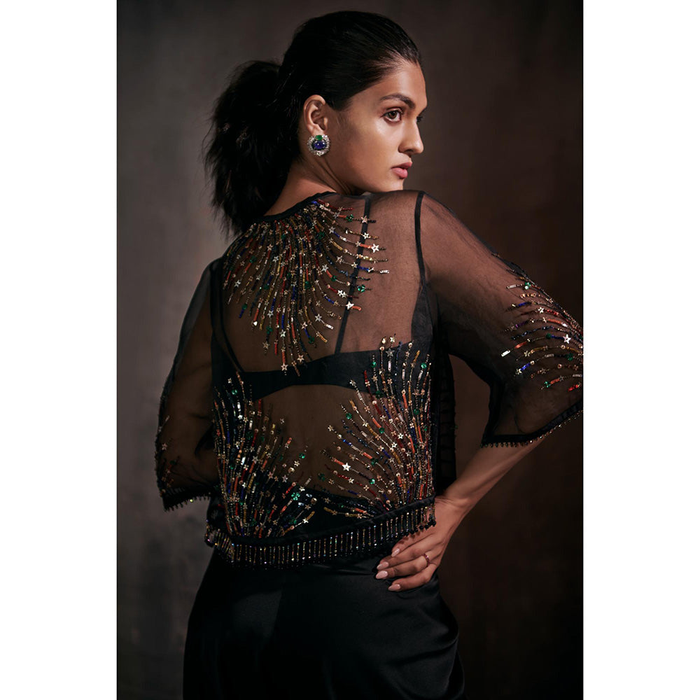 Anjali Kanwar Black Embellished/Sequined Stella Cape with Dhoti and Bralette (Set of 3)