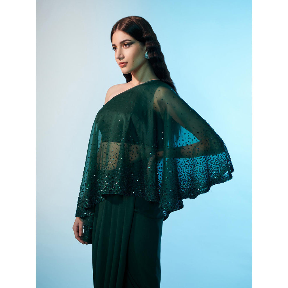 Anjali Kanwar Green Embellished/Sequined Serene Cape with Skirt and Bustier (Set of 3)