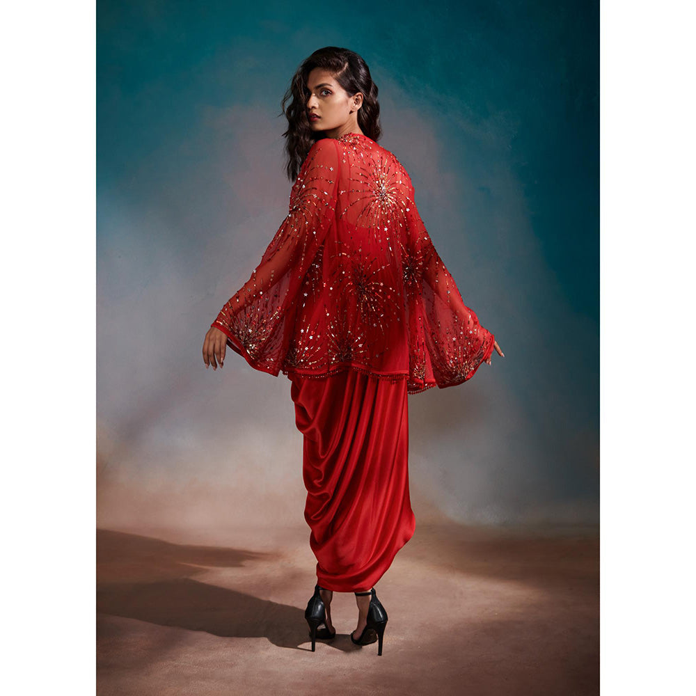Anjali Kanwar Red Embellished/Sequined Kiara Cape with Dress (Set of 2)