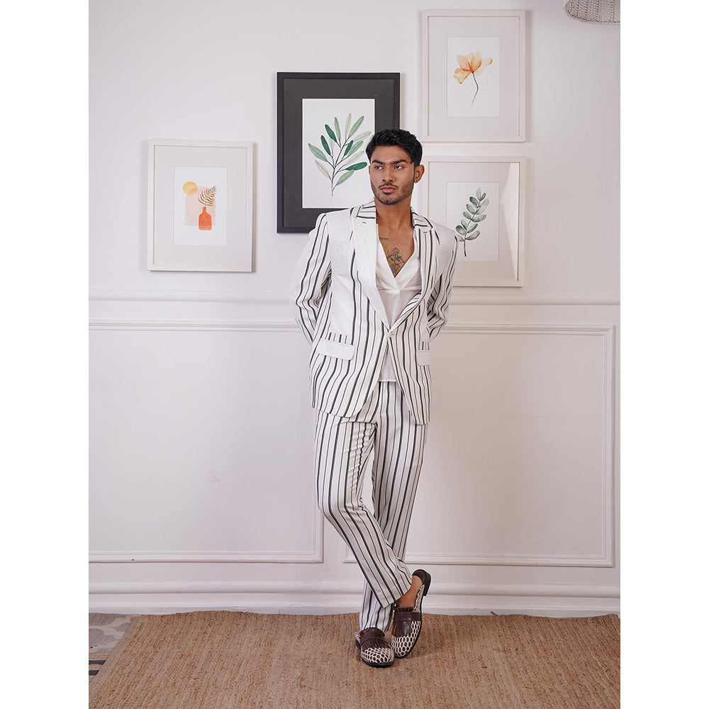 Ankur J White Layers Strip Blazer with Shirt and Pant (Set of 3)