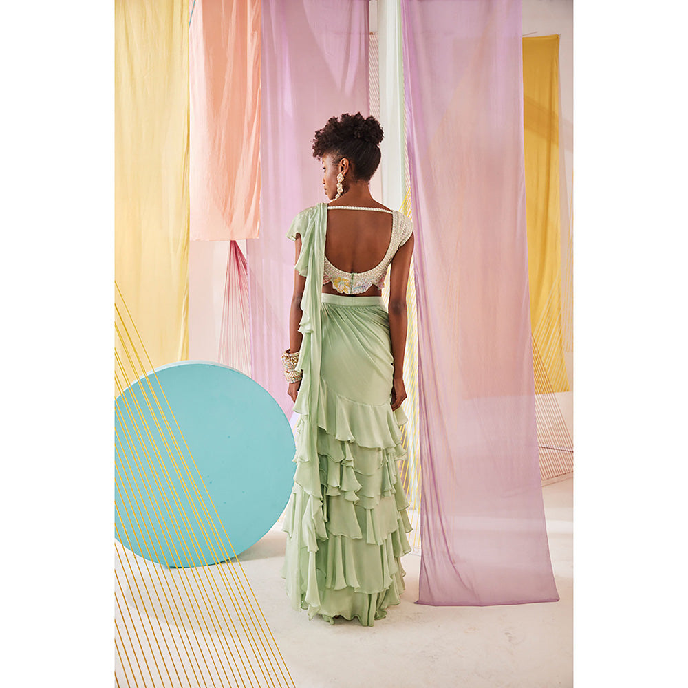 Anu Pellakuru Womens Green Lea Ruffled Saree with Stitched Blouse