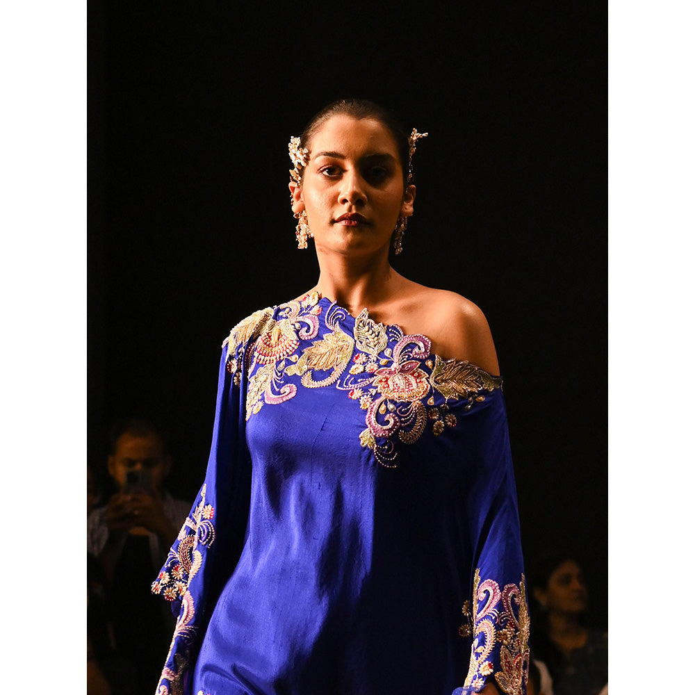 Anu Pellakuru Blue Vina Cape Embroidered Kaftan and Palazzo (Set of 2)