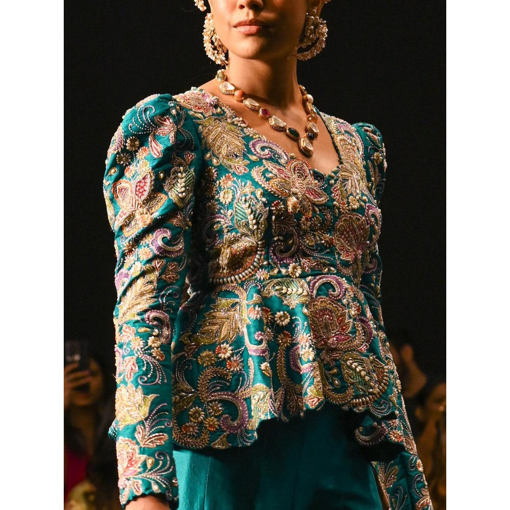 Anu Pellakuru Turquoise Qala Embroidered Peplum Jacket with Bustier and Pant (Set of 3)