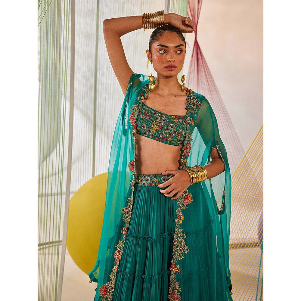 Anu Pellakuru Teal Riya Embroidered Lehenga with Cape and Blouse (Set of 3)