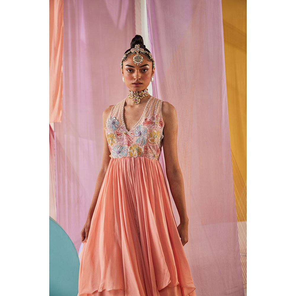 Anu Pellakuru Peach Anaisa Embroidered V Neck Dress