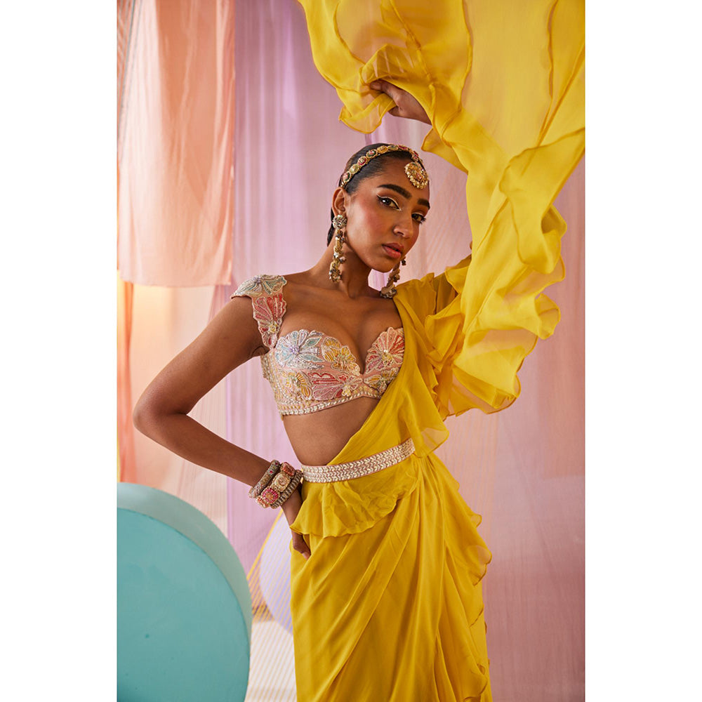 Anu Pellakuru Yellow Maeva Pre Drape Saree with Stitched Blouse and Belt