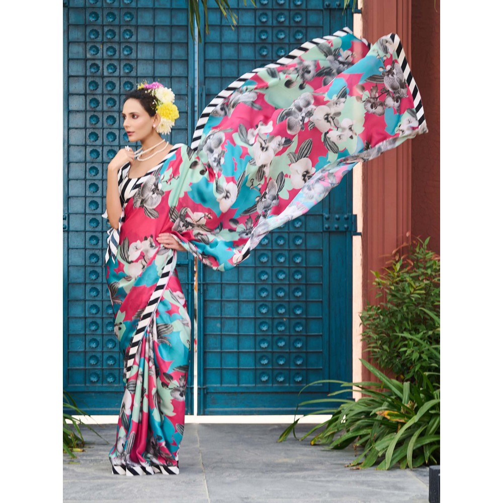 Aparnaa Abstract Pink Printed Satin Georgette Saree with Unstitched Blouse