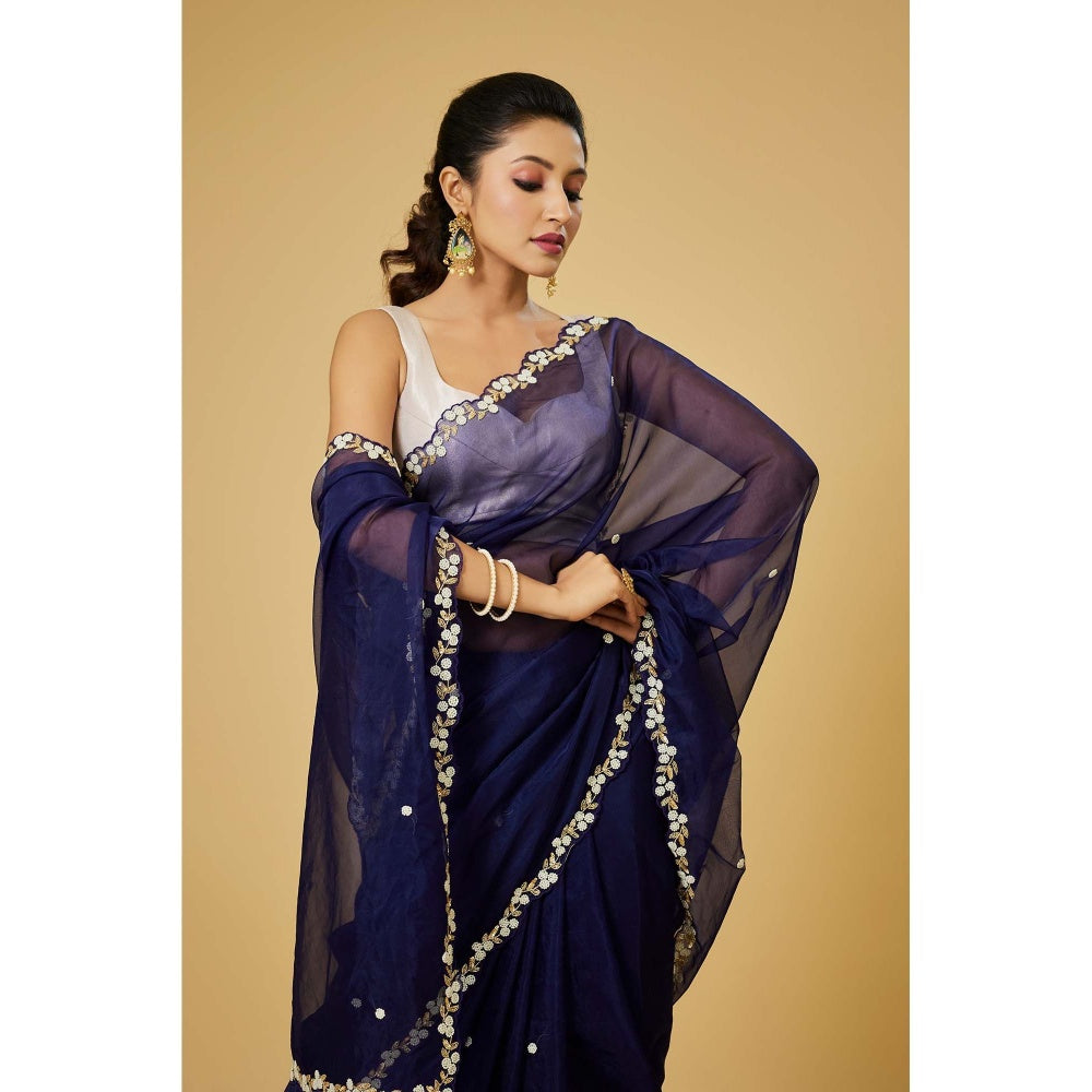 Aparnaa Navy Blue Organza Saree with Unstitched Blouse