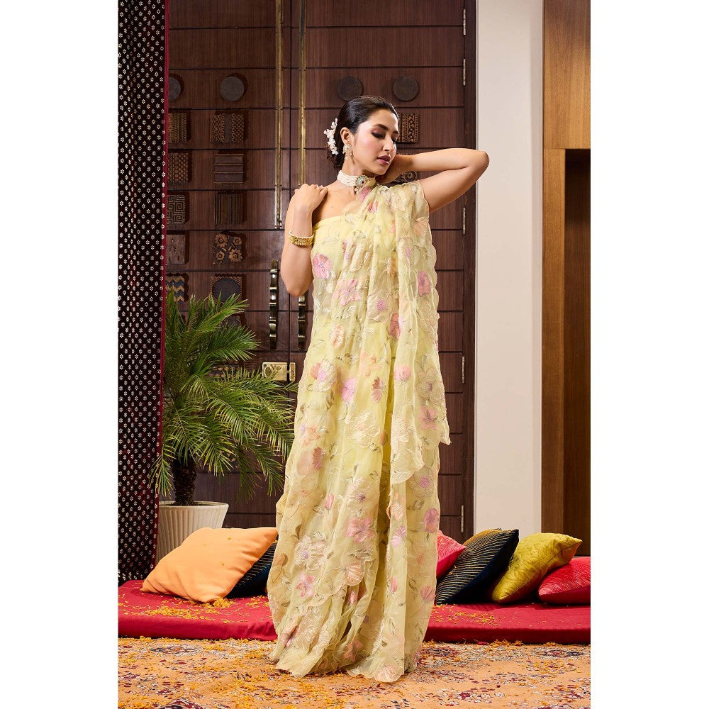 Aparnaa Yellow Applique work Organza Saree with Unstitched Blouse