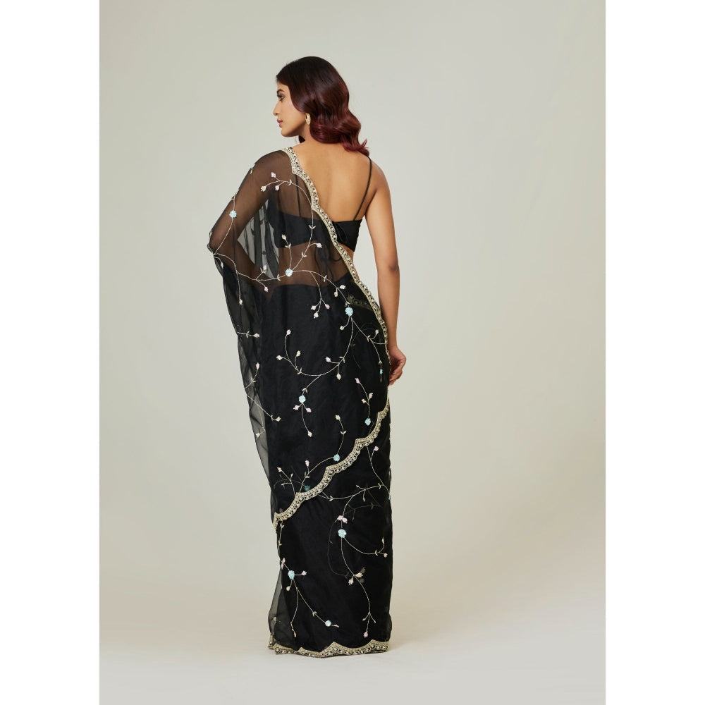 Aparnaa Black Organza Saree with Unstitched Blouse