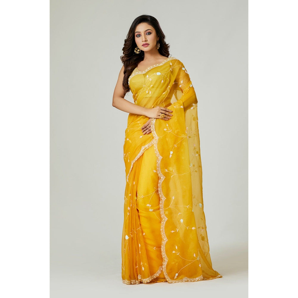 Aparnaa Yellow Organza Saree with Unstitched Blouse