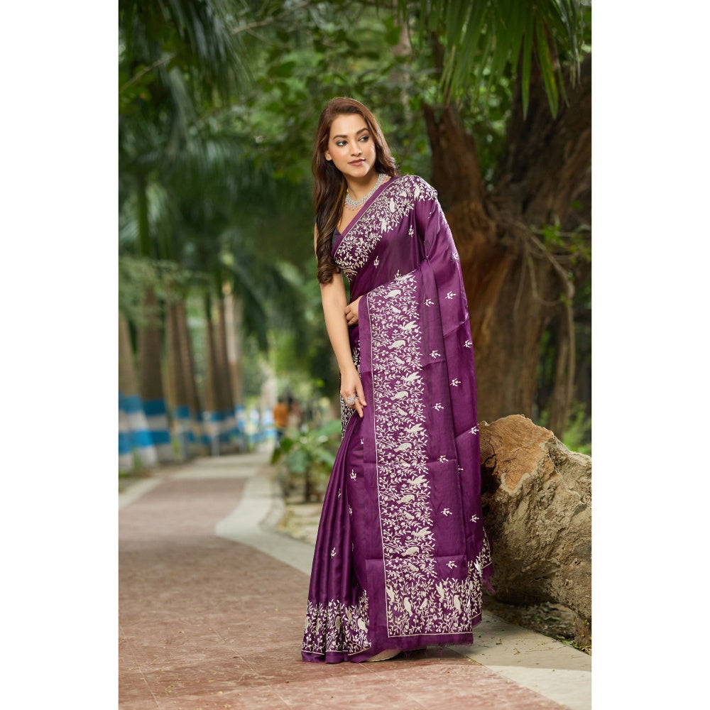 Aparnaa Purple Pure Tussar Cutwork Pallu Aari Work Saree with Unstitched Blouse