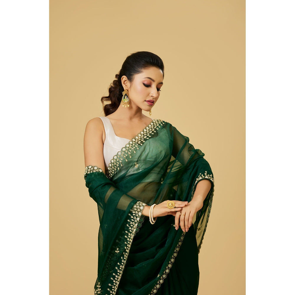 Aparnaa Deep Green Organza Elegant Hand Embroidery Saree with Unstitched Blouse