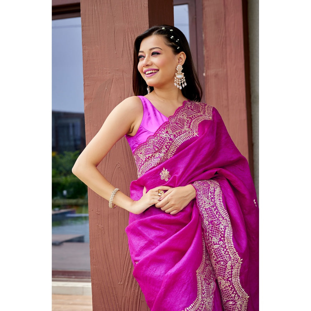 Aparnaa Pure Tussar Silk Intricate Pita Work On Body Magenta Saree with Unstitched Blouse