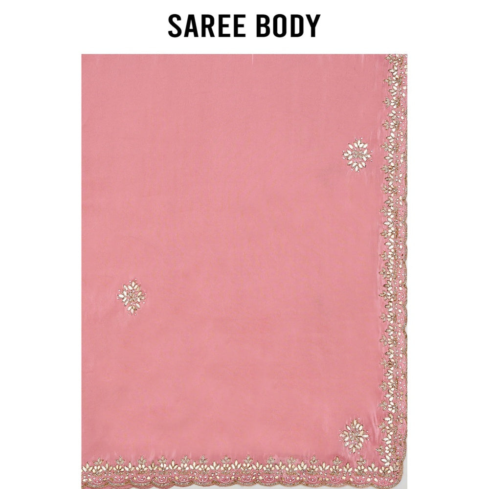 Aparnaa Pink Tissue Silk Pearl Dabka And Gota Embroidered Saree with Unstitched Blouse