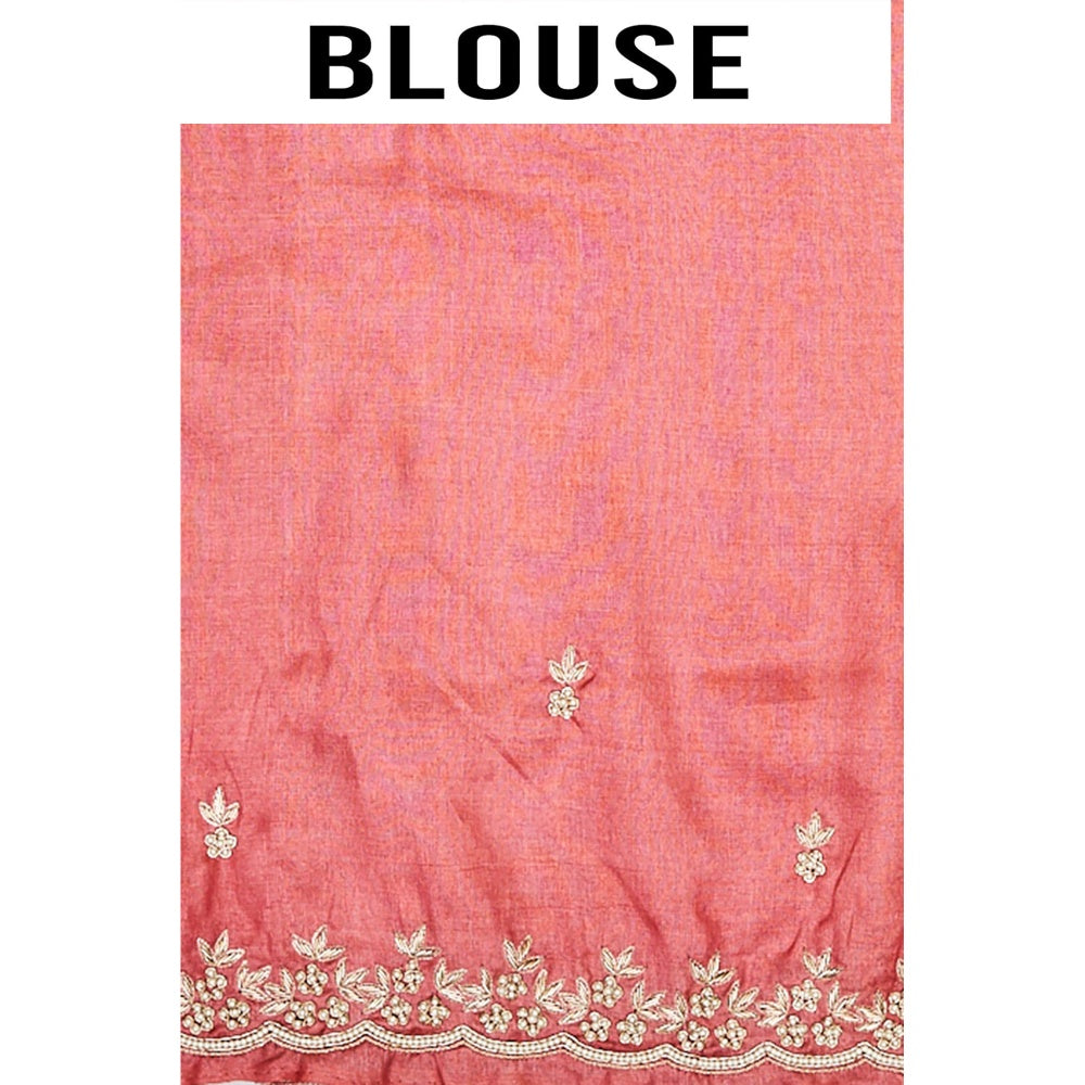 Aparnaa Peach Pure Tussar Silk Pearl Dabka Embroidery Saree with Unstitched Blouse