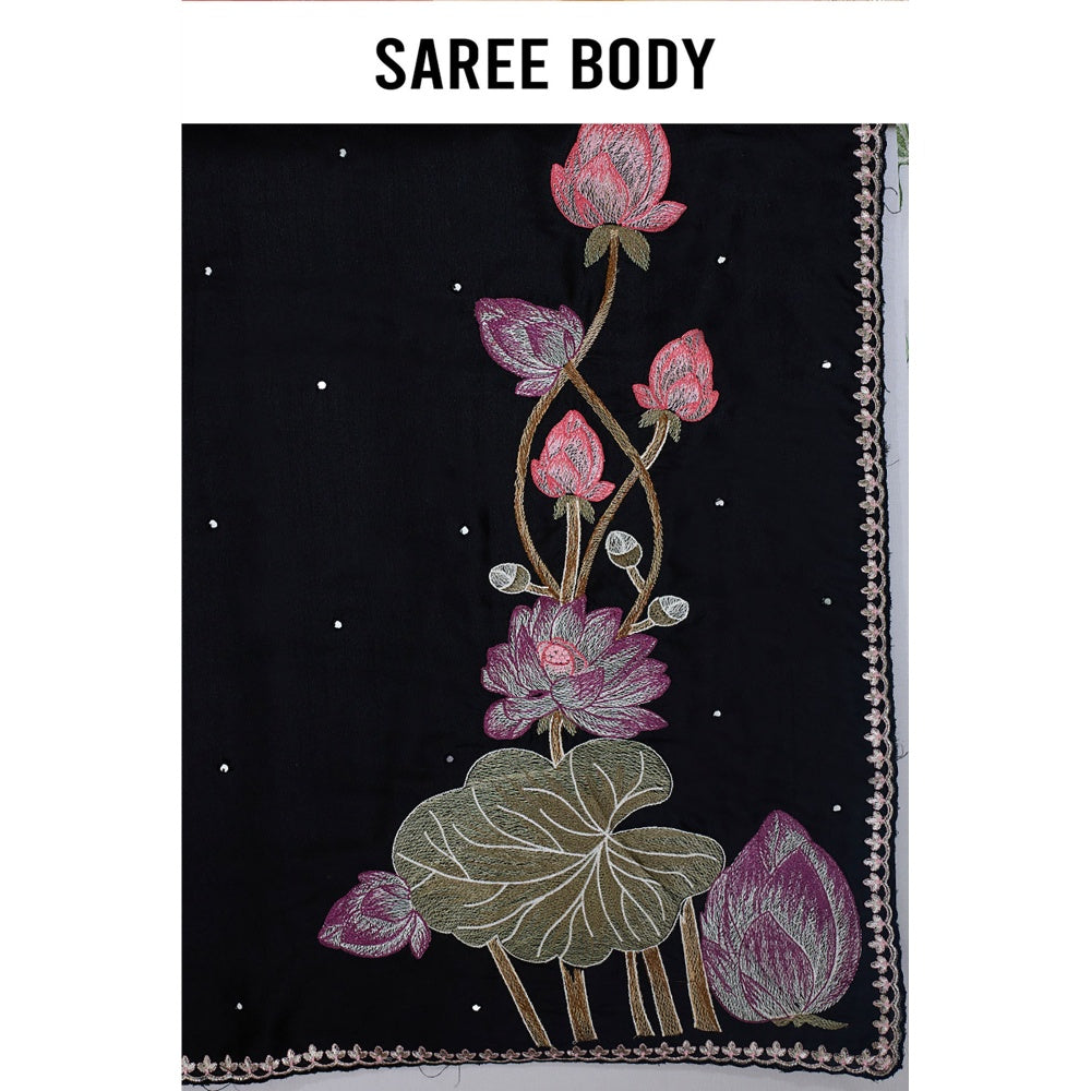 Aparnaa Black Lotus Embroidery On Pallu Tussar Silk Saree with Unstitched Blouse