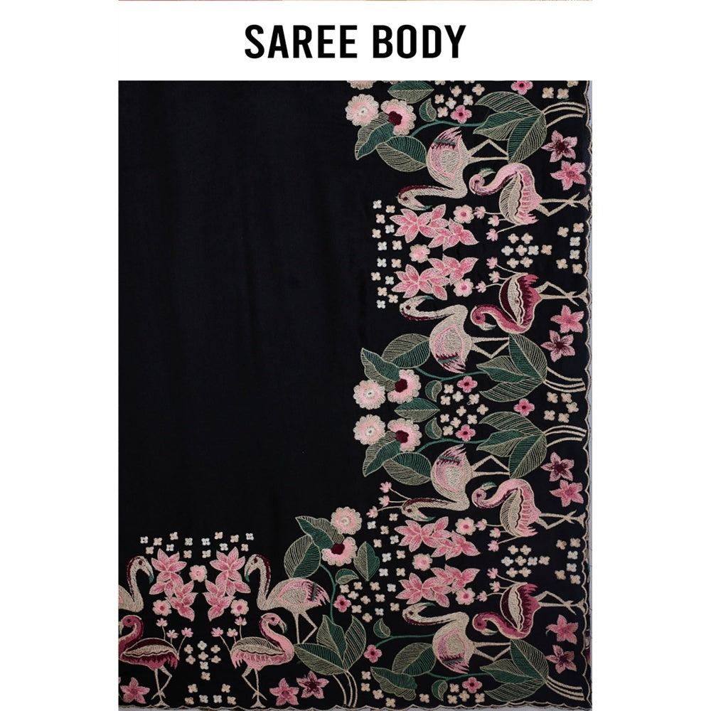 Aparnaa Black Aubergine Silk Swan and Floral Embroidery Saree with Unstitched Blouse