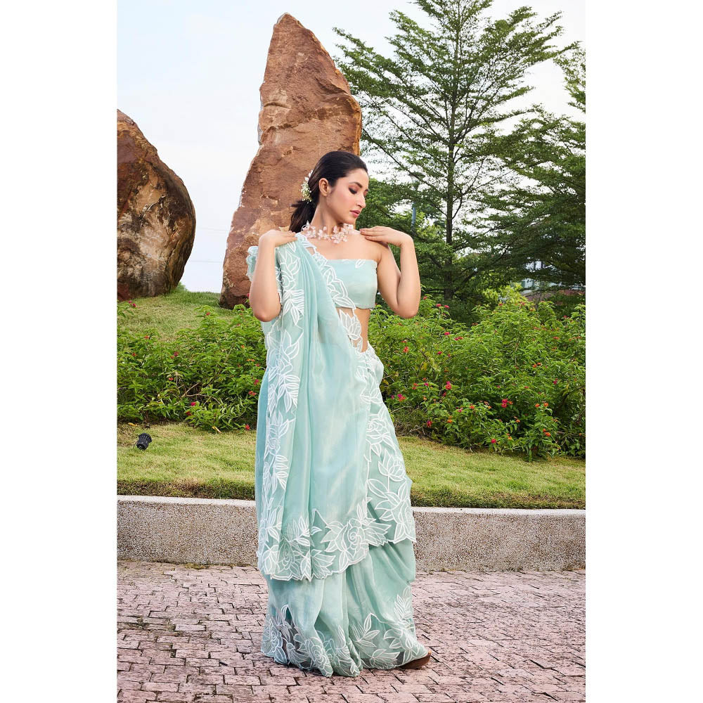 Aparnaa Azure Bloom Floral Applique Tissue Saree with Unstitched Blouse- Blue