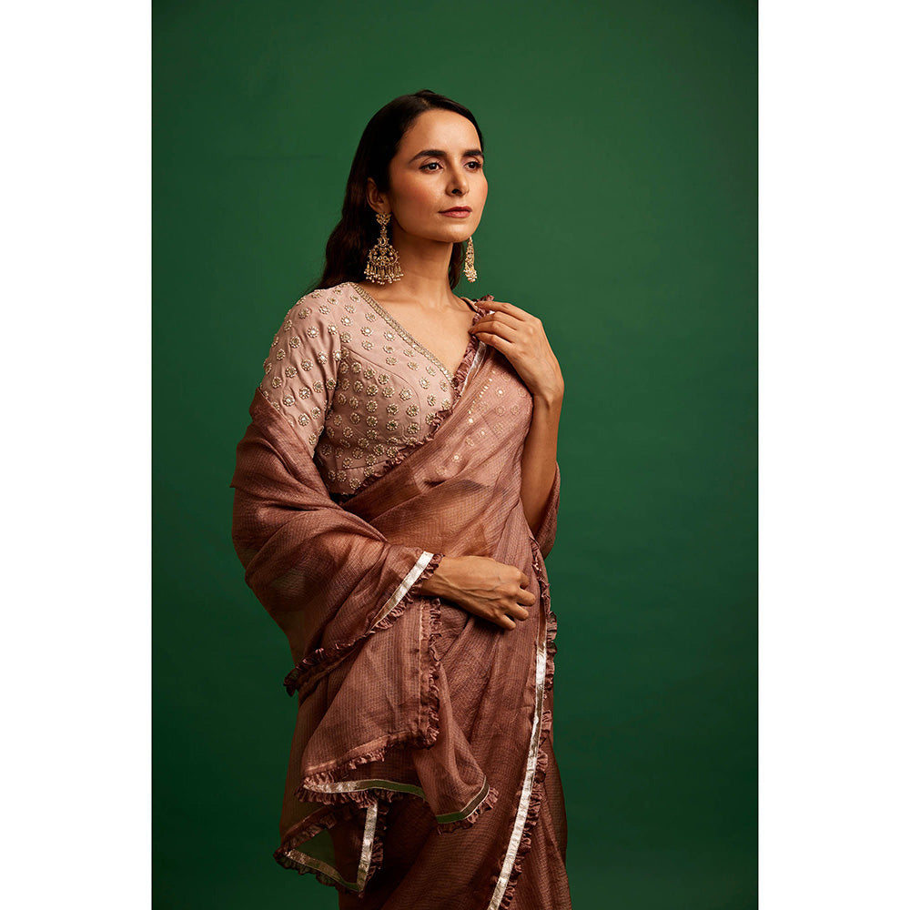 Apeksha Jain Label Old Rose Pink Woven Saree and Belt with Stitched Blouse