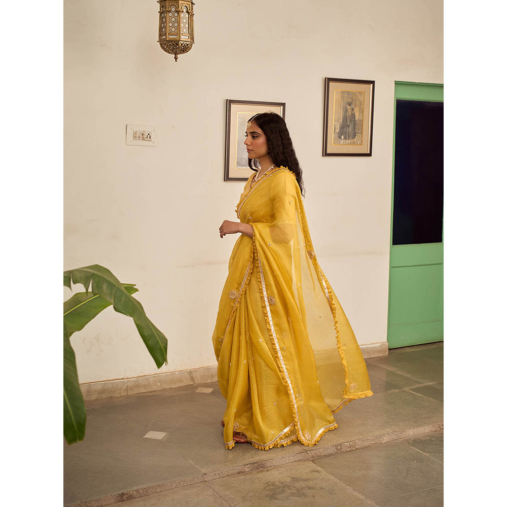 Apeksha Jain Label Yellow Basant Kota Woven Saree with Stitched Blouse