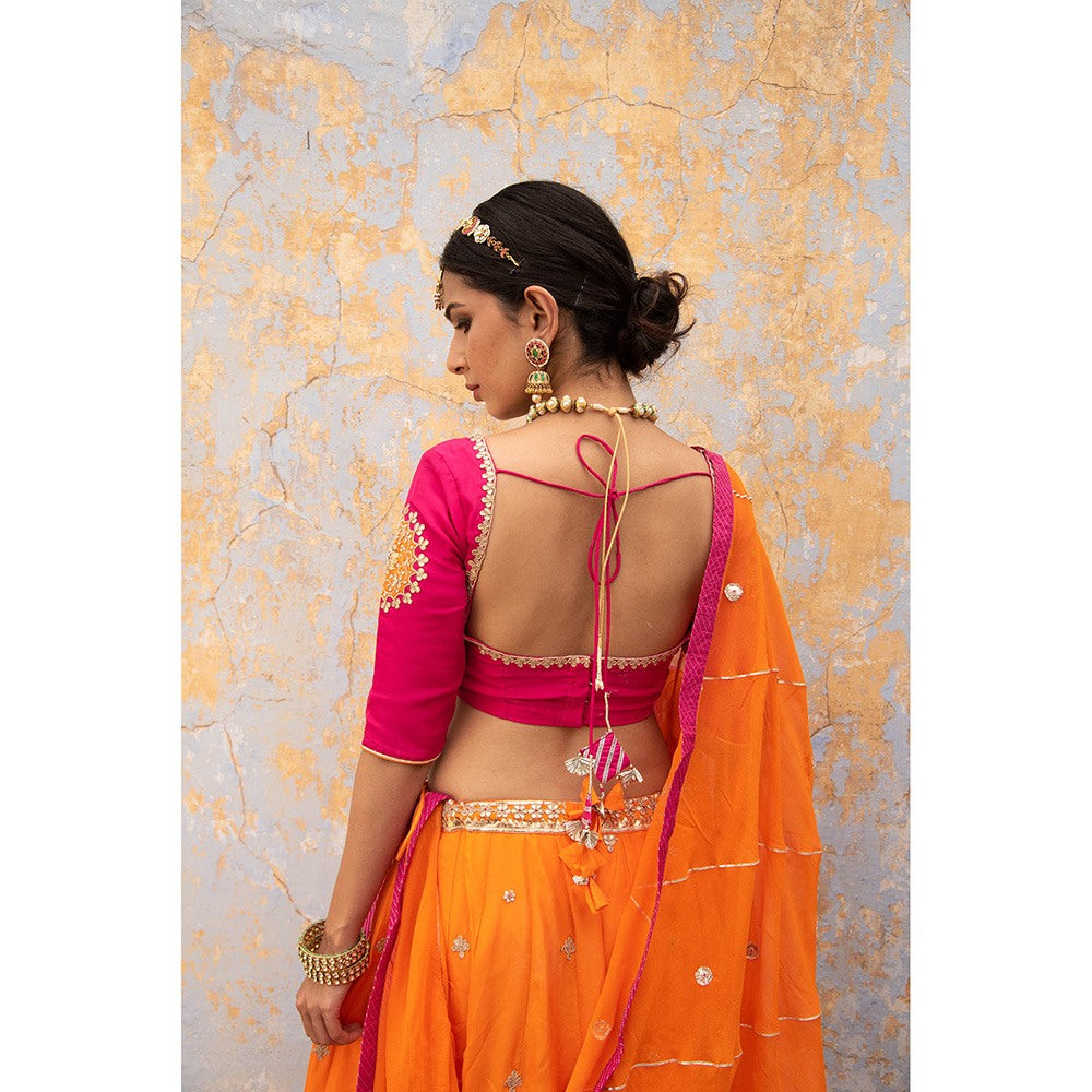 Apeksha Jain Label Orange Lehenga with Blouse and Dupatta (Set of 3)
