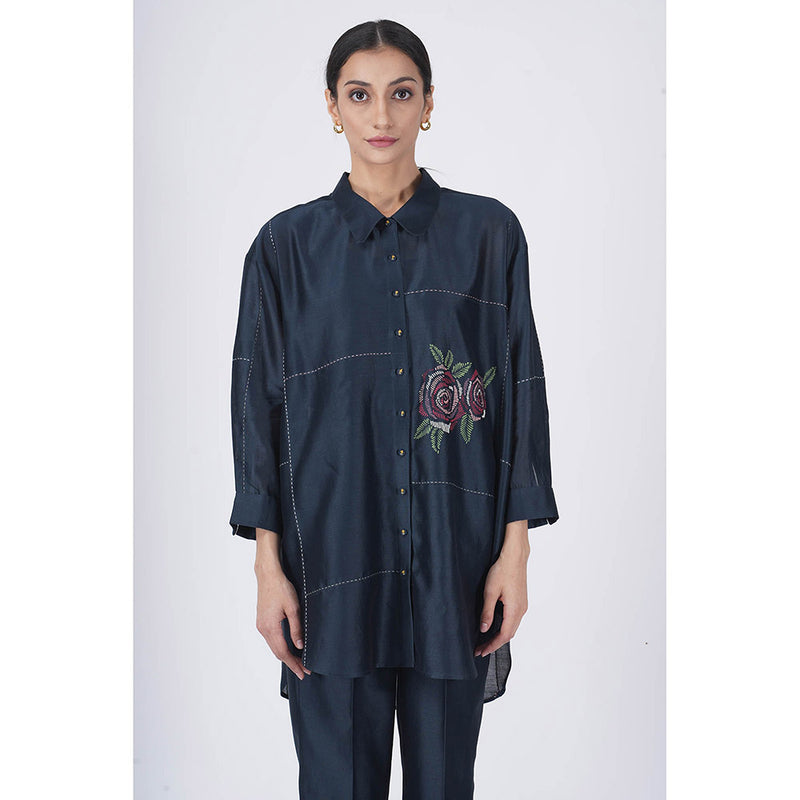 ARCVSH by Pallavi Singh Multi Rose Print Indigo Shirt with Pants & Slip (Set of 3)