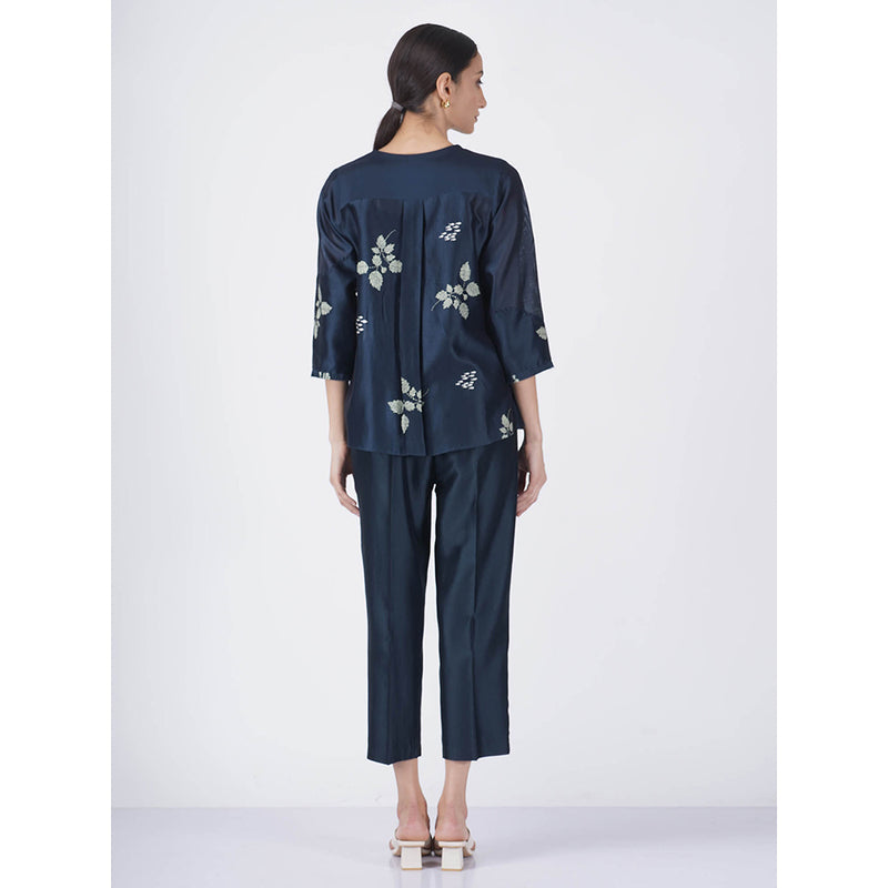 ARCVSH by Pallavi Singh Indigo Ivory Leaf Top with Pants & Slip (Set of 3)