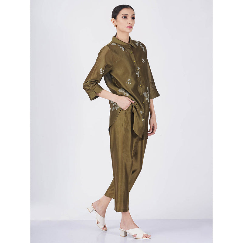 ARCVSH by Pallavi Singh Olive Leaf Shirt with Pants & Slip (Set of 3)
