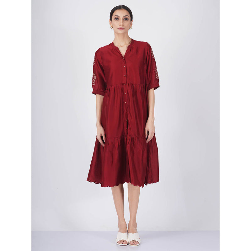 ARCVSH by Pallavi Singh Sunflower Tiered Red Dress with Slip (Set of 2)