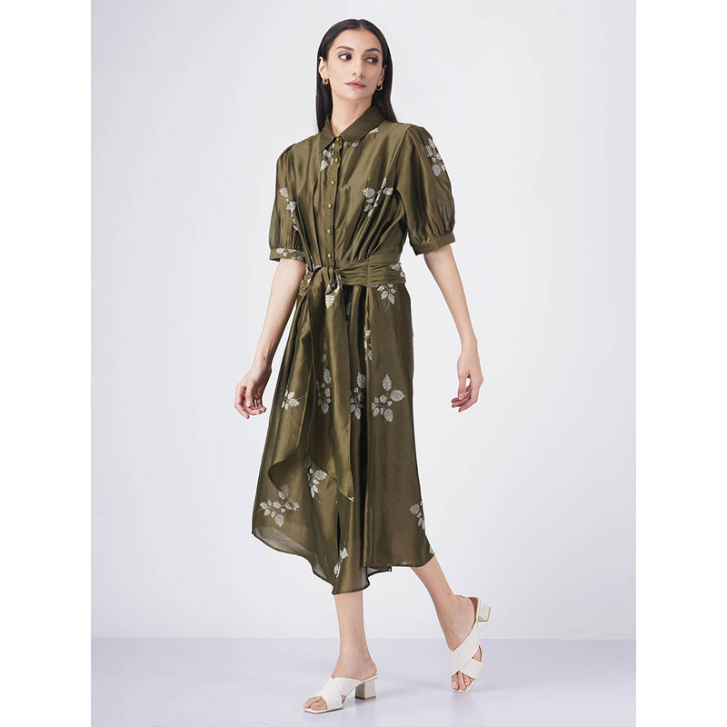 ARCVSH by Pallavi Singh Olive Leaf Print Puff Sleeve Dress with Slip (Set of 2)