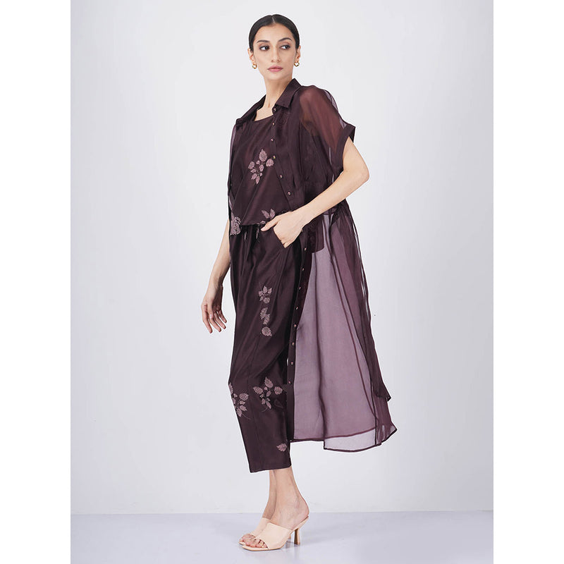 ARCVSH by Pallavi Singh Purple Rose Printed Top & Straight Pant with Organza Jacket (Set of 3)