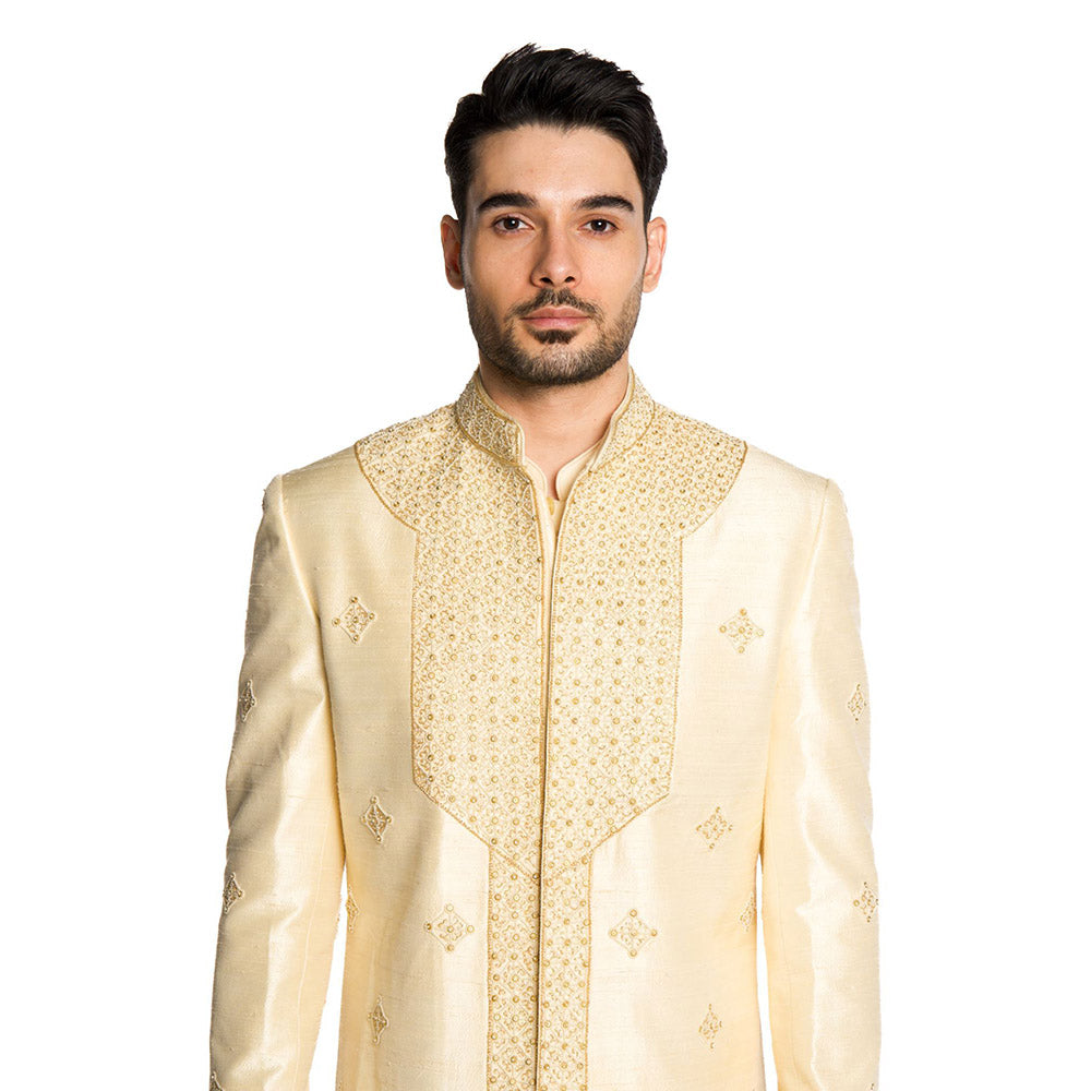 Arjun Kilachand Beige Beads All Over Motifs Sherwani with Kurta and Churidar (Set of 3)