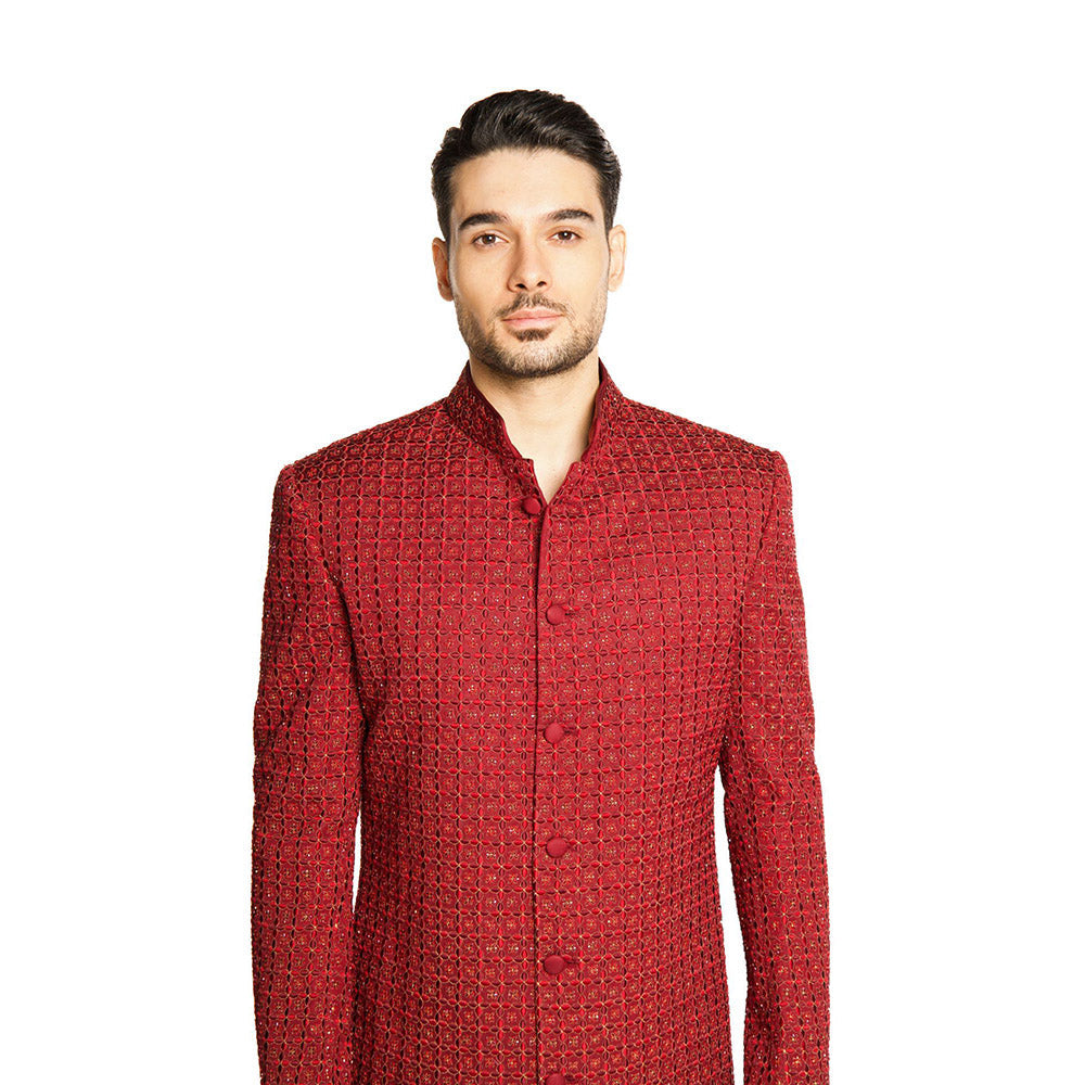 Arjun Kilachand Maroon Resham Thread Work and Embroidered Sherwani with Pant (Set of 2)