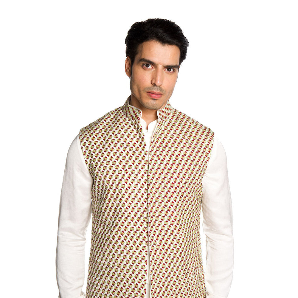 Arjun Kilachand Ivory Embroidered Bundi Jacket with Kurta and Pant (Set of 3)