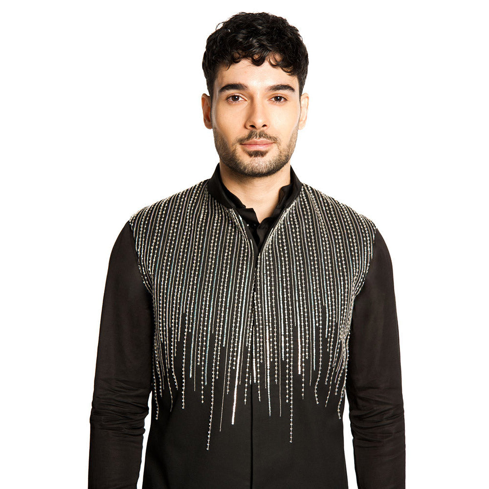 Arjun Kilachand Black Sequins Bundi Jacket with Kurta and Pant (Set of 3)