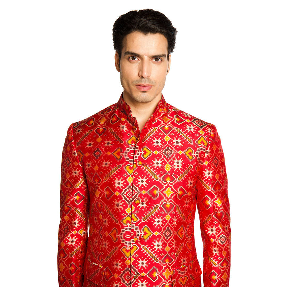 Arjun Kilachand Red Patola Bandgala with Pant (Set of 2)