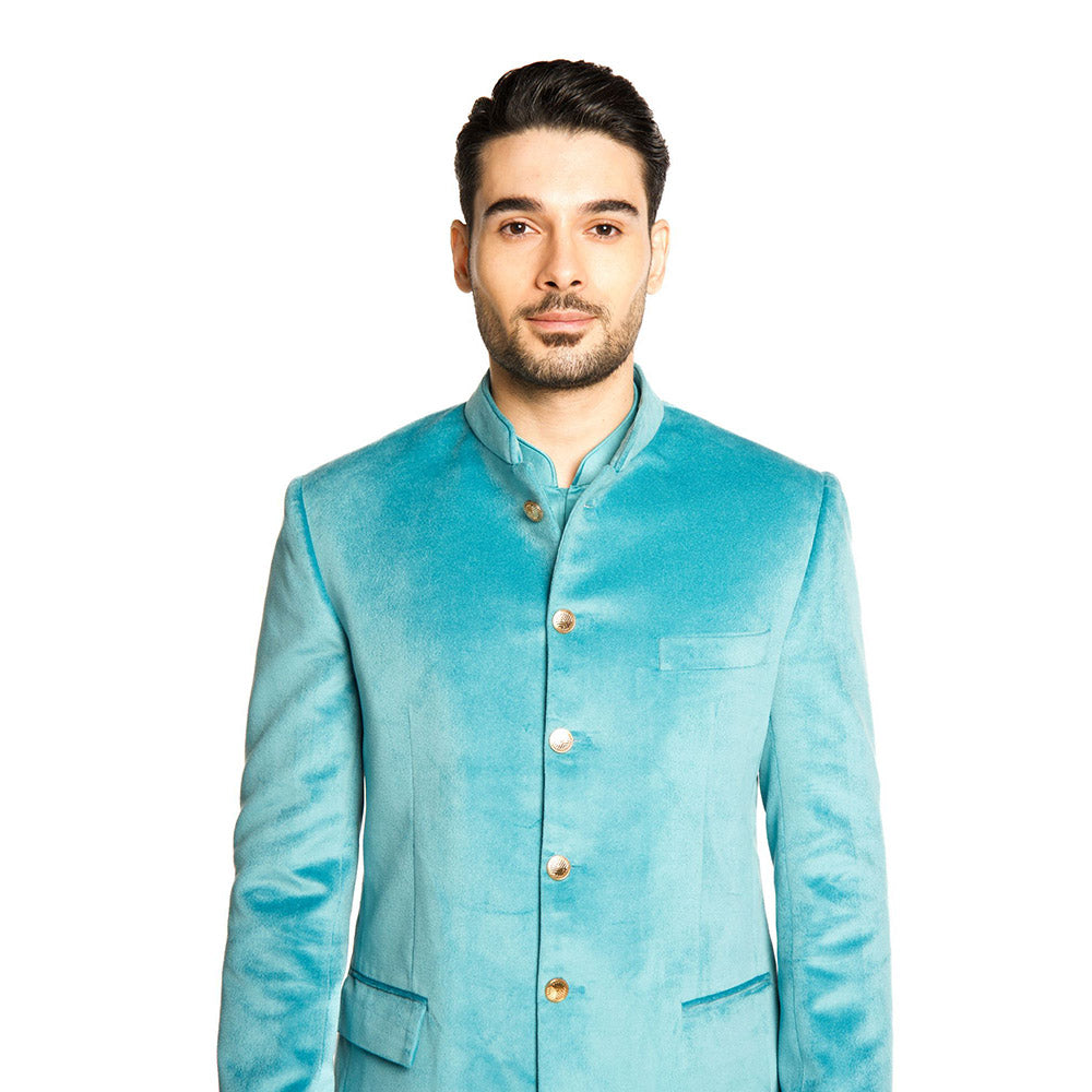 Arjun Kilachand Turquoise Velvet Classic Bandgala with Kurta and Pant (Set of 3)
