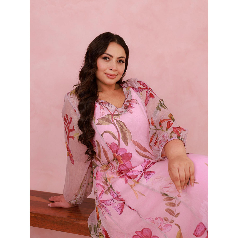 AROOP SHOP INDIA Pink Plumeria Midi Dress with Slip