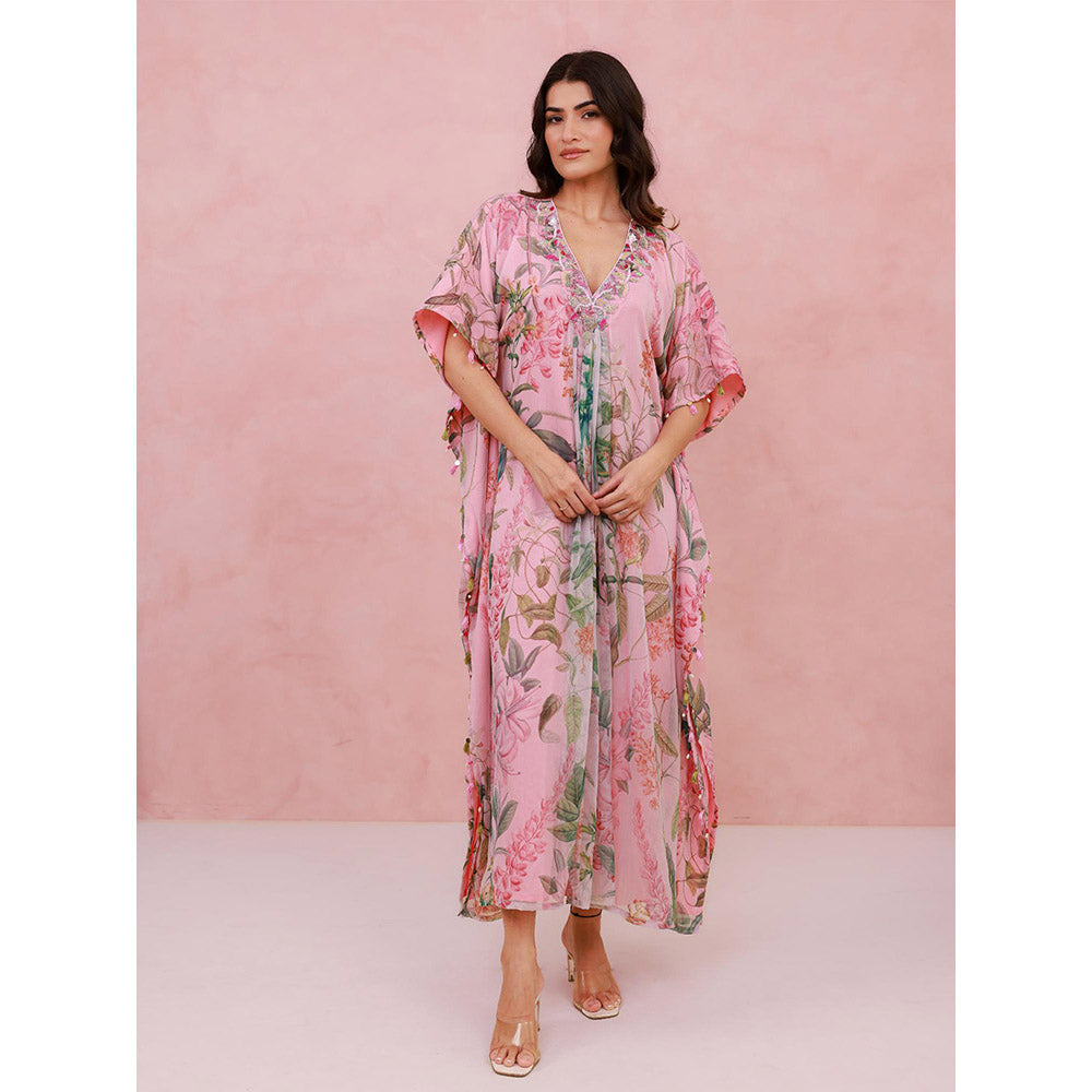 AROOP SHOP INDIA Pink Freesia Floral Kaftan with Pant