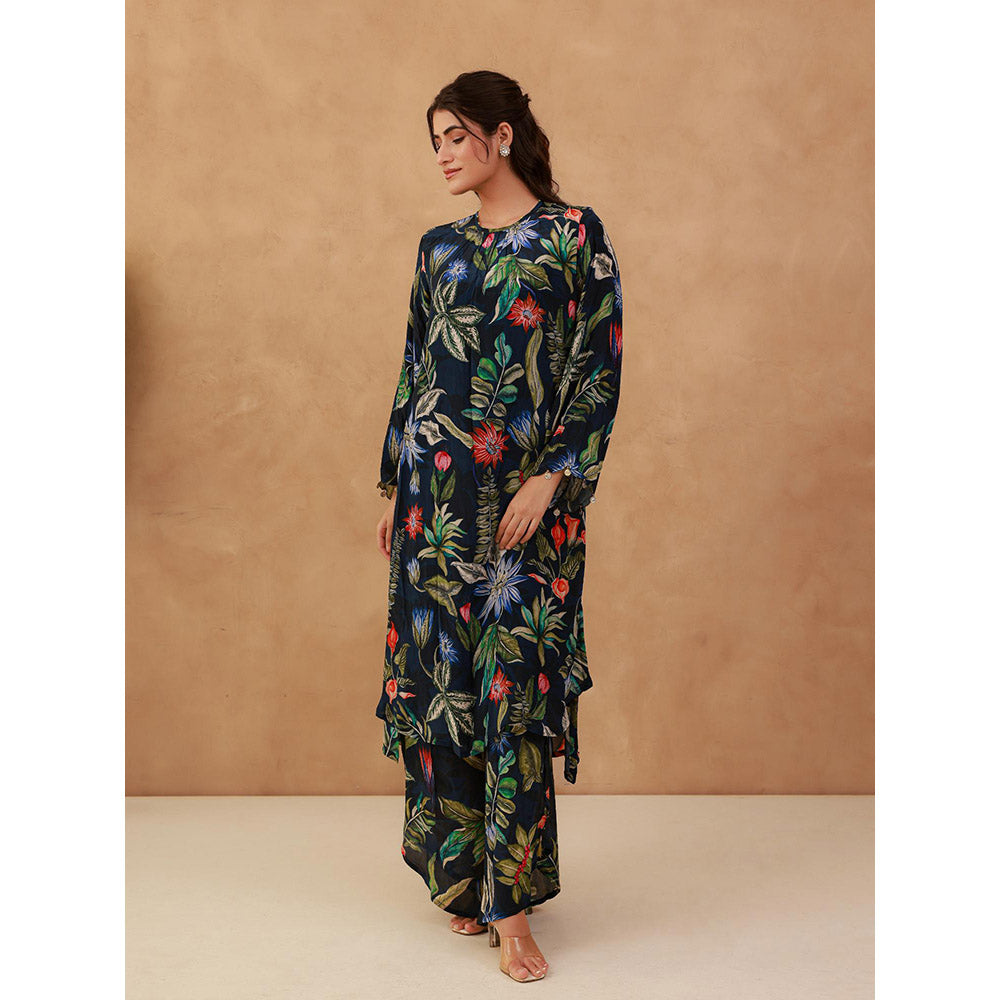 AROOP SHOP INDIA Navy Blue Mahagony Floral Kurta & Pant