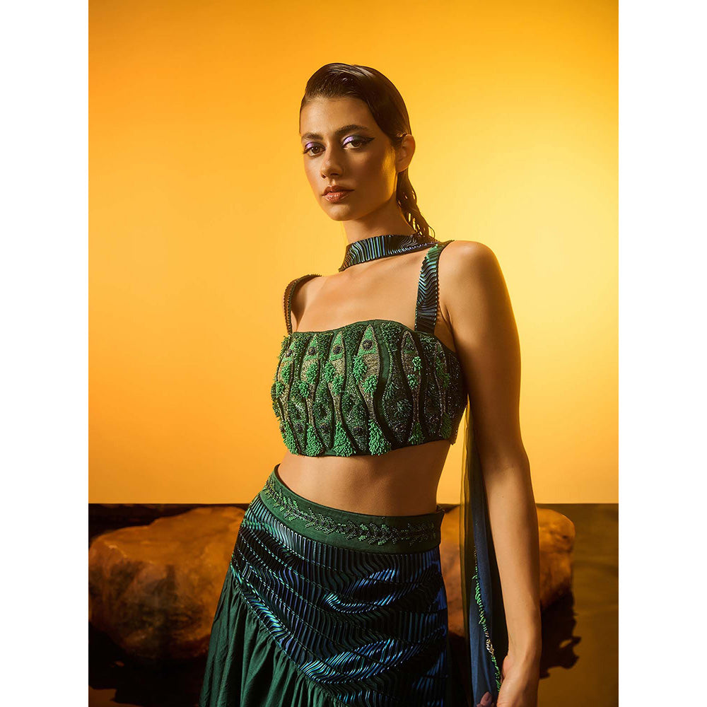 Asaaye Green Grass Bound Fish Lehenga with Blouse and Dupatta