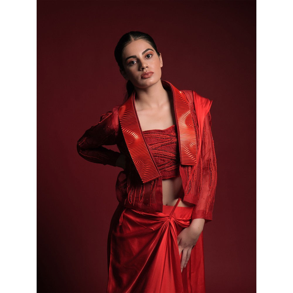 Asaaye Alive In Red Jacket Pre Drape Saree with Stitched Blouse