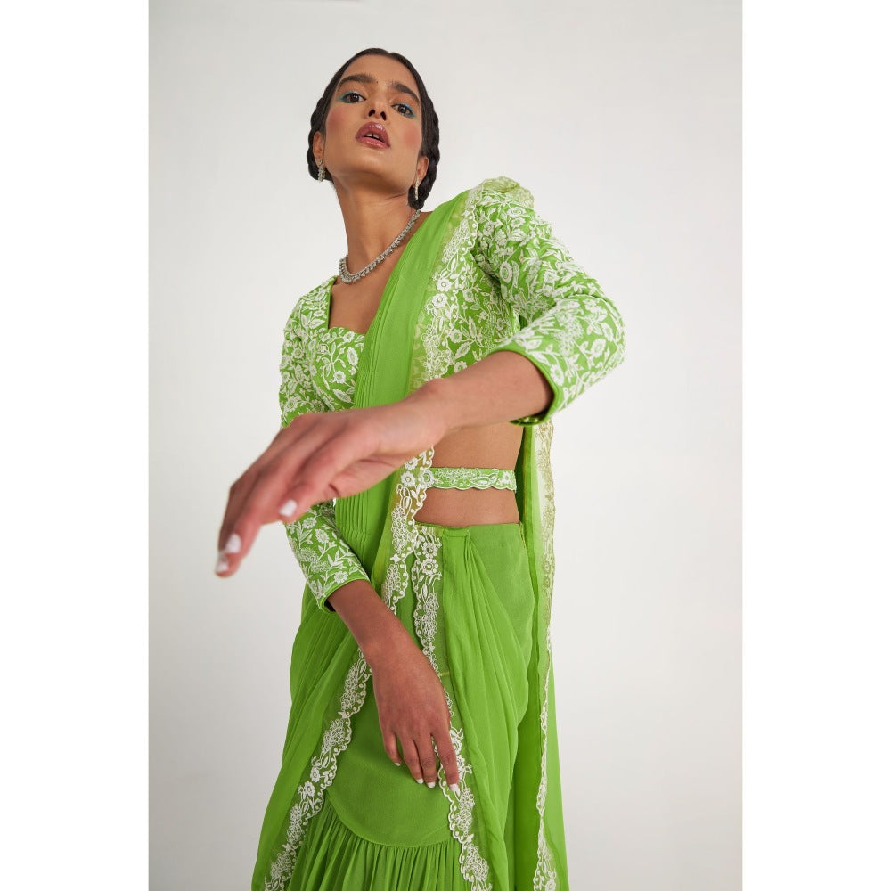 Asaga Flora Tiered Green Pre Draped Saree and Embroidered Stitched Blouse with Belt (Set of 3)