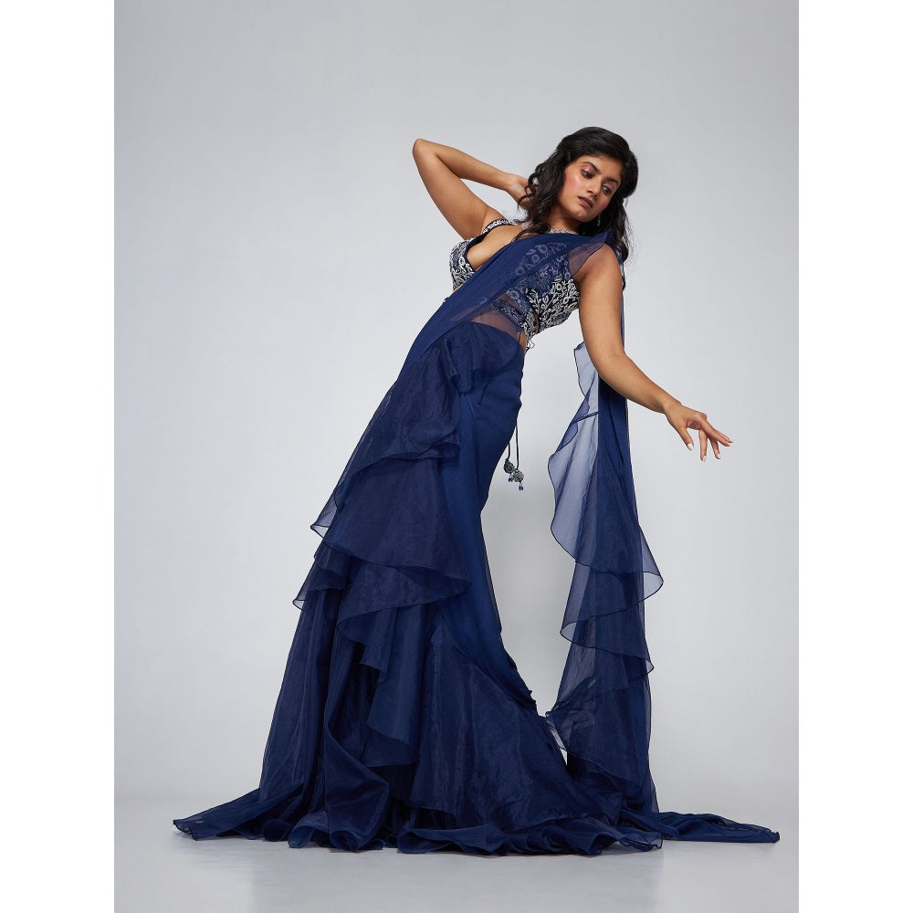 Asaga Ella Navy Blue Pre-Drape Saree with Embroidered Stitched Blouse and Belt (Set of 3)