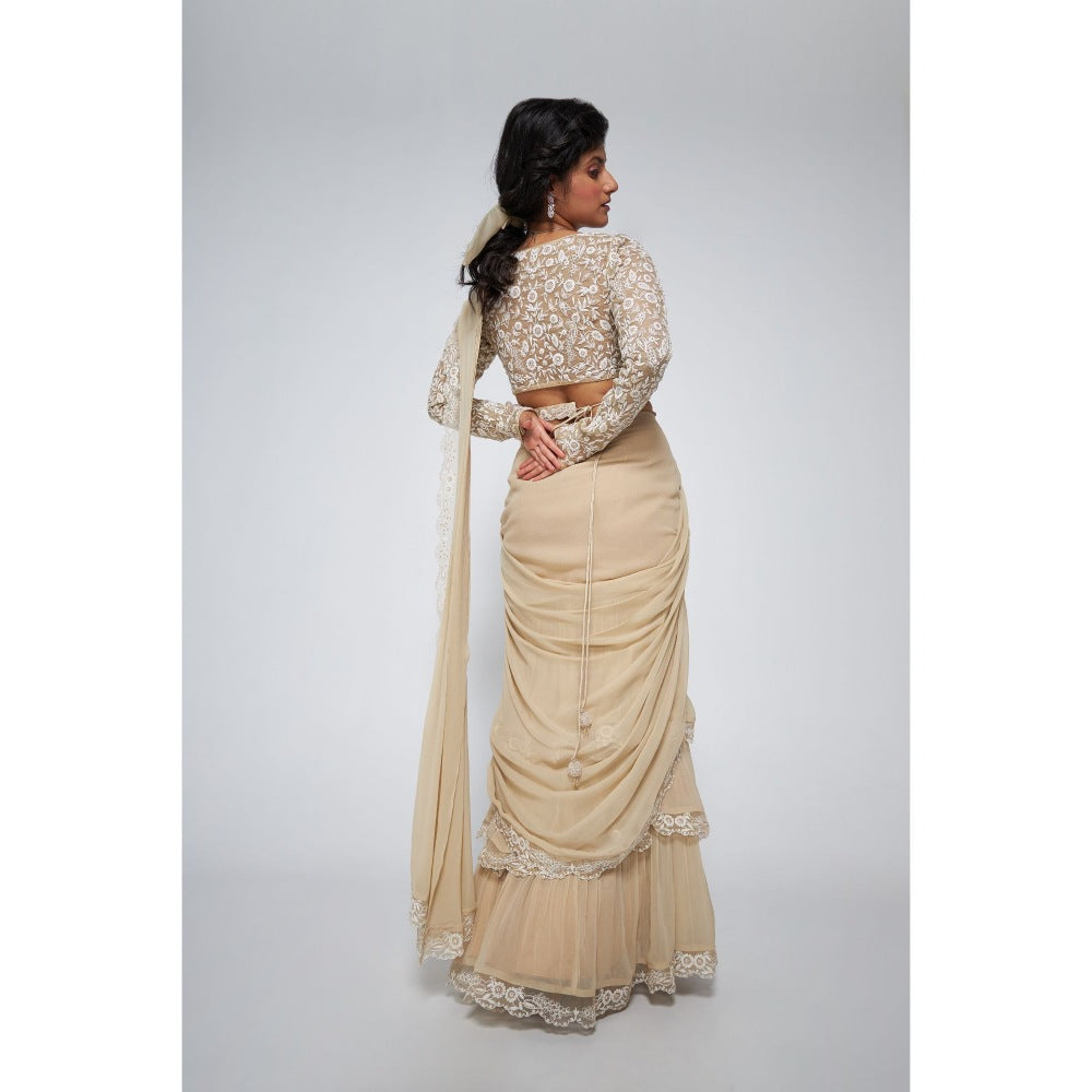 Asaga Kate Beige Pre Drape Saree with Embroidered Stitched Blouse and Belt (Set of 3)