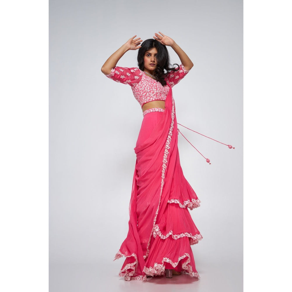 Asaga Jolie Per-Drape Saree with Embroidered Stitched Blouse and Belt (Set of 3)